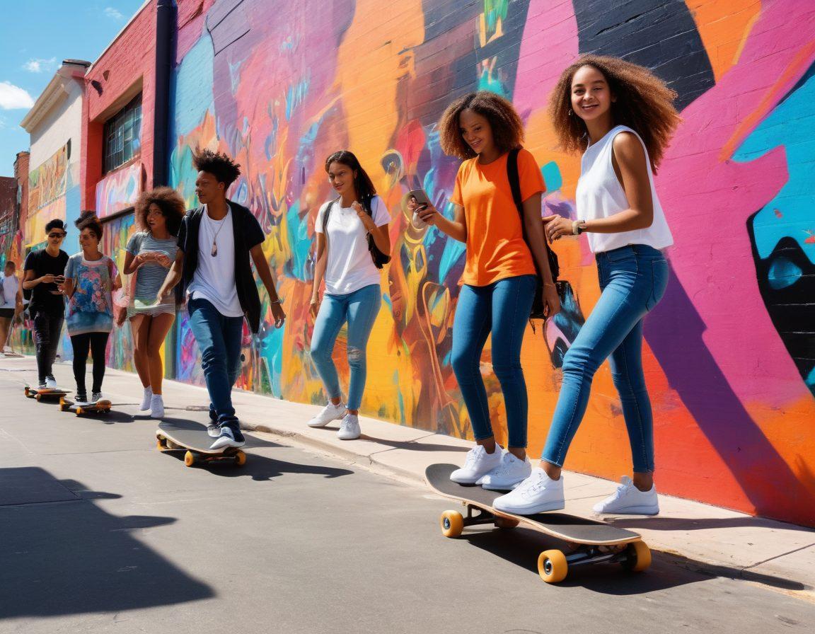 A dynamic street scene filled with diverse young people engaged in various hip activities like skateboarding, dancing, and using smartphones, surrounded by colorful street art murals. Incorporate elements of fashion, music, and technology to showcase youthful energy and vibrant lifestyles. Bright and fun colors dominate the scene, creating an inviting and lively atmosphere. urban setting. super-realistic. vibrant colors.