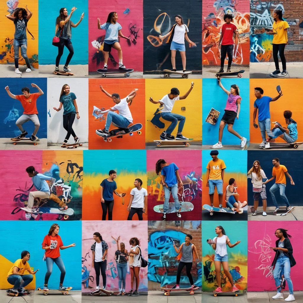 A vibrant collage of diverse teens engaging in various activities, such as skateboarding, painting, and socializing with smartphones. Show a colorful urban environment with graffiti art on walls, lively street markets, and music elements in the air. Incorporate elements that symbolize modern technology, creativity, and connection. Energetic atmosphere filled with laughter and expressions of joy. bright colors. super-realistic.