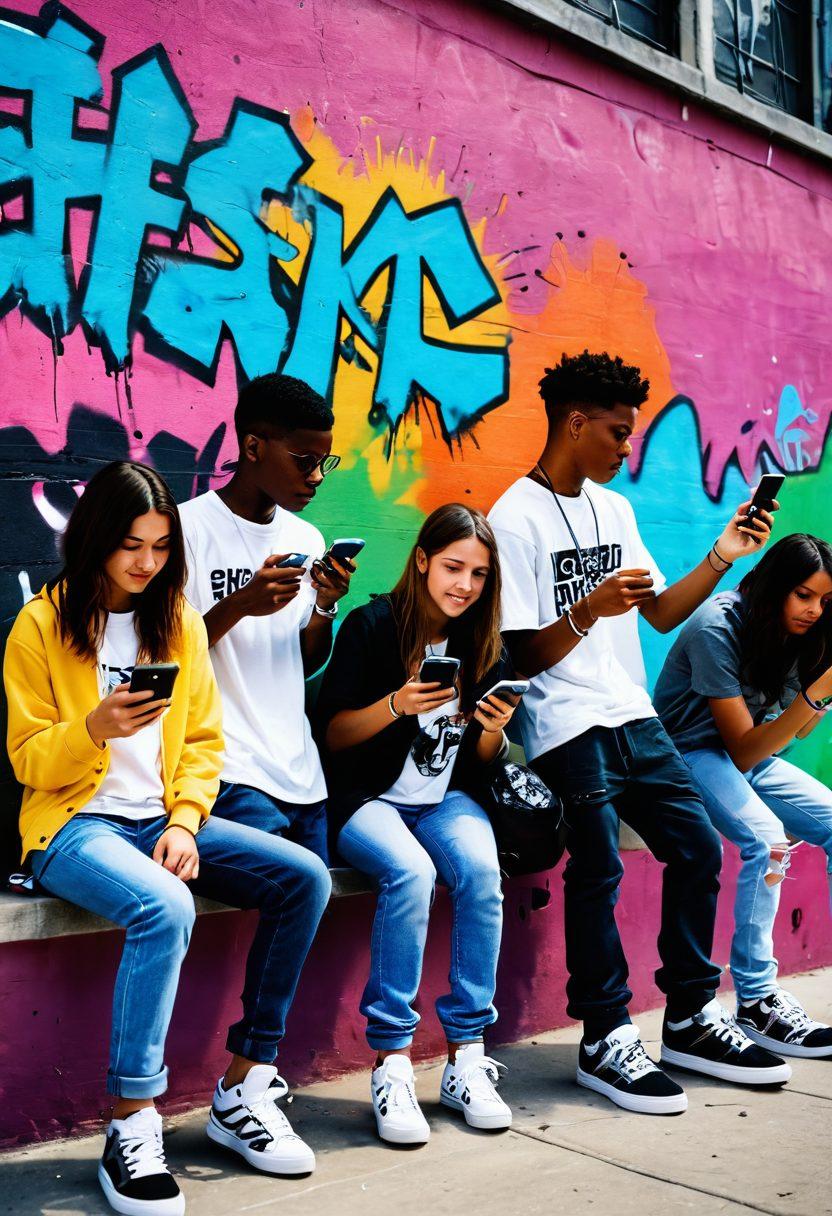 An urban scene depicting diverse teenagers engaged in various activities like skateboarding, using smartphones, and spray-painting on a wall, symbolizing the fusion of street culture and digital influence. Incorporate vibrant graffiti art in the background and colorful gadgets in their hands, highlighting their connection to modern technology. The atmosphere should feel energetic and lively, capturing the essence of contemporary youth culture. cinematic style. vibrant colors. urban setting.